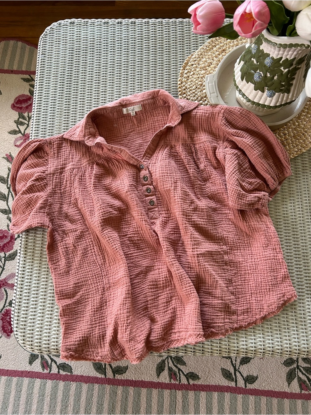 Easel Soft Crinkle Button-Up Top in Dusty Rose